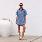 Damen Denim Hemdkleid mit kurzen Ärmeln und praktischen Taschen R&B