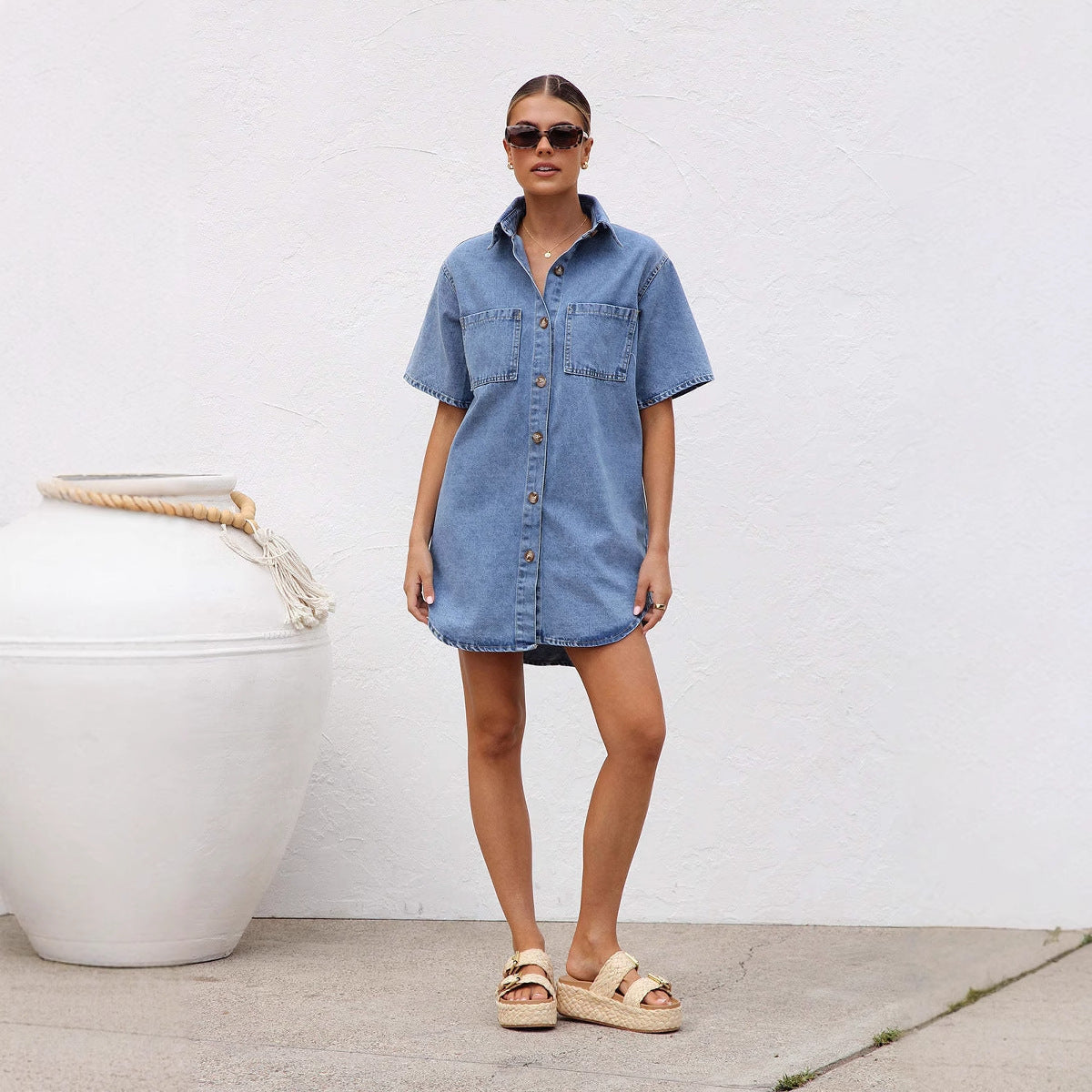 Damen Denim Hemdkleid mit kurzen Ärmeln und praktischen Taschen R&B