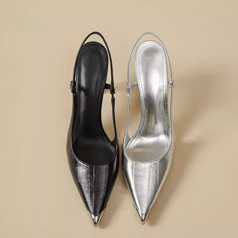 Damen elegante Slingback-Pumps aus schimmerndem Metallic-Material R&B