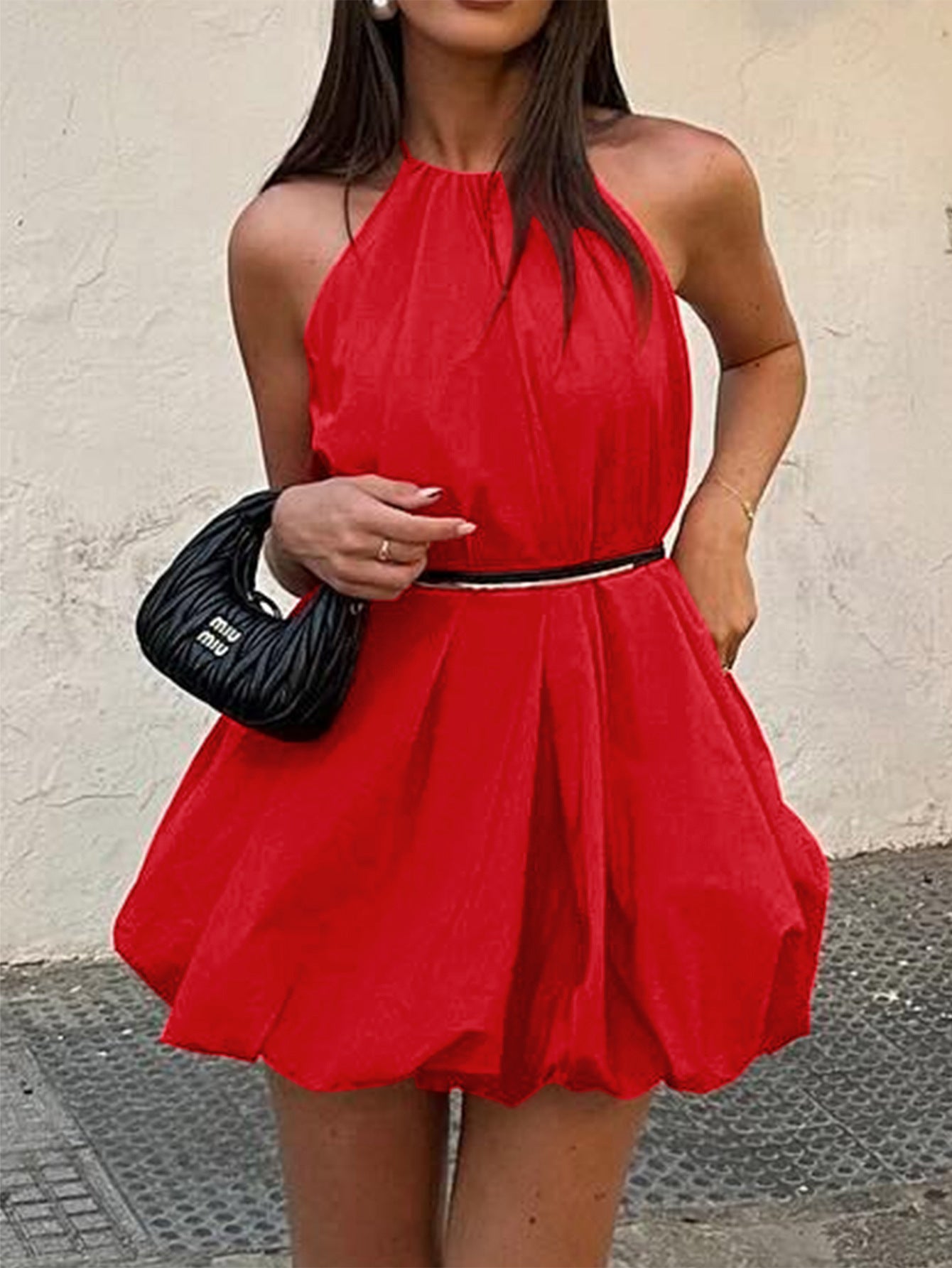 Damen Halter Minikleid mit voluminösem rock und elastischem Taillenbund R&B