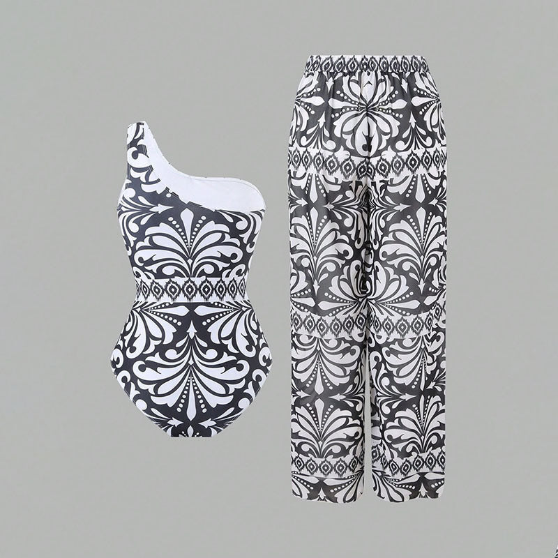 Damen Einteiler Badeanzug mit elegantem asymmetrischen Design und passender Hose R&B