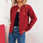Damen Strickjacke mit floralem Design und eleganten Perlenknöpfen R&B