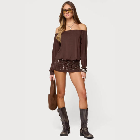 Damen Off-Shoulder Top mit eleganten langen Ärmeln und figurbetontem Rock R&B