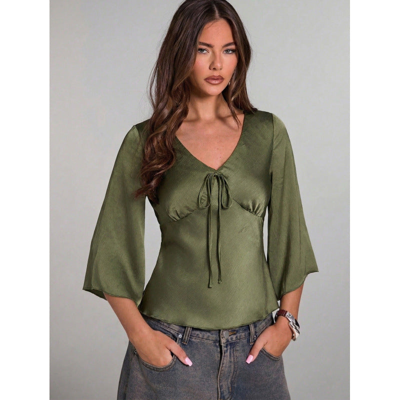 Damen Elegantes Oberteil mit Krawatte und weitem Ärmel R&B