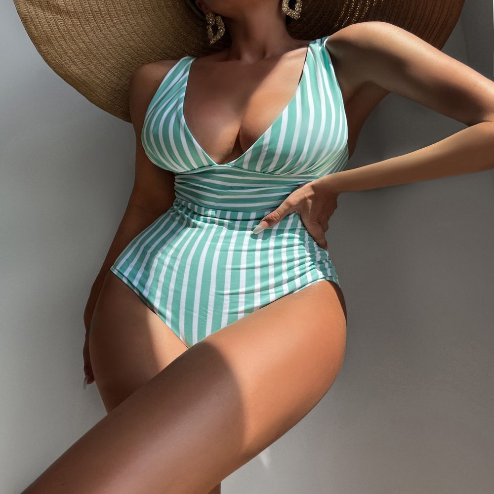 Damen Eleganter V-Ausschnitt Einteiler mit gestreiftem Design R&B
