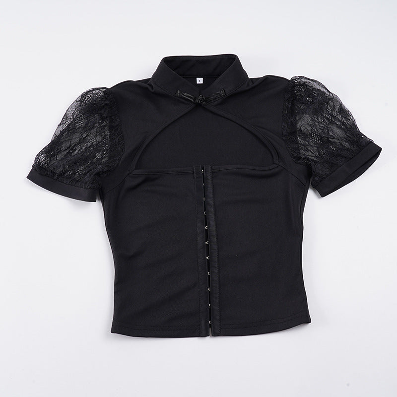 Damen stilvolles Oberteil mit transparenten Spitzeneinsätzen und elegantem Kragen R&B