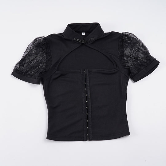 Damen stilvolles Oberteil mit transparenten Spitzeneinsätzen und elegantem Kragen R&B