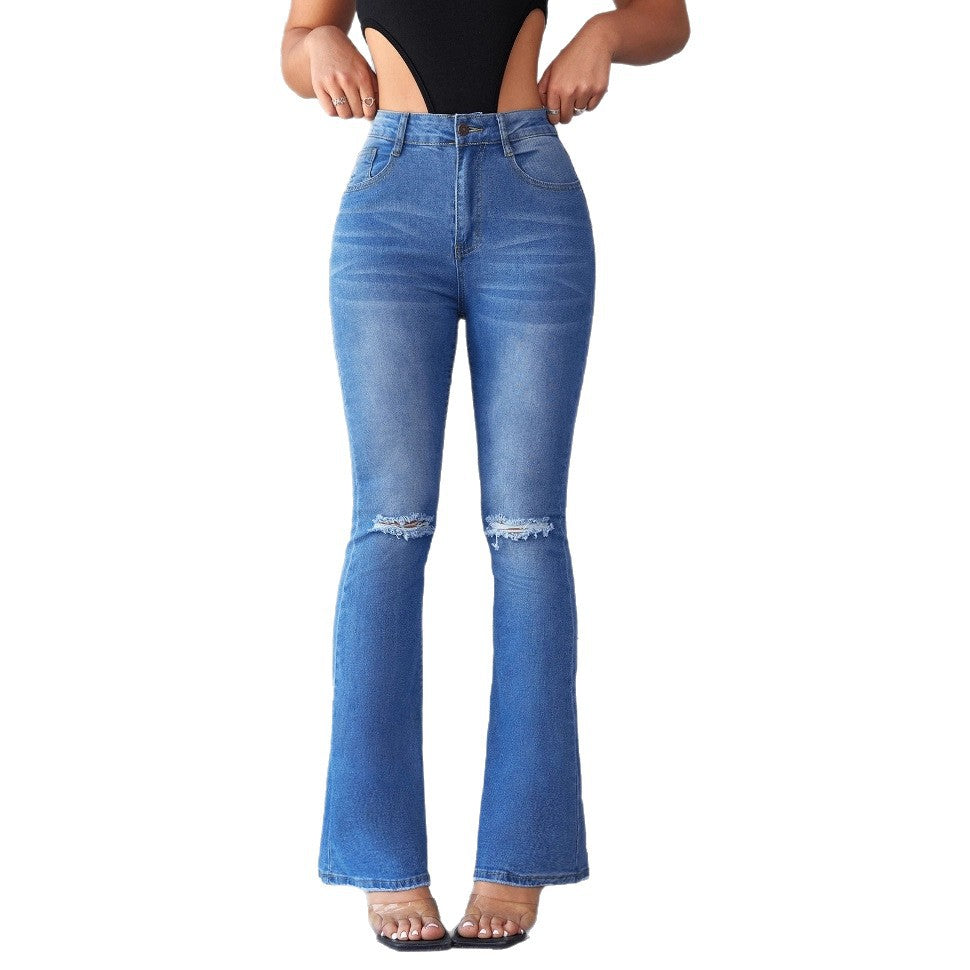 Damen Flared Jeans im modernen Used-Look mit eleganten Rissen und hohem Taillenbund R&B