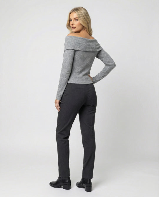Französisches V-Ausschnitt Langarmshirt Damen Slim Fit Stretch Oberteil