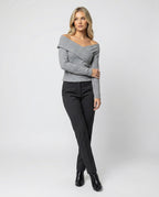 Französisches V-Ausschnitt Langarmshirt Damen Slim Fit Stretch Oberteil