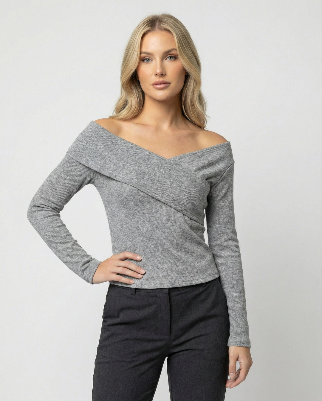 Französisches V-Ausschnitt Langarmshirt Damen Slim Fit Stretch Oberteil