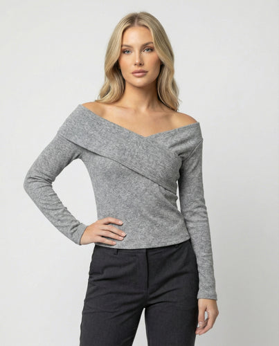 Französisches V-Ausschnitt Langarmshirt Damen Slim Fit Stretch Oberteil