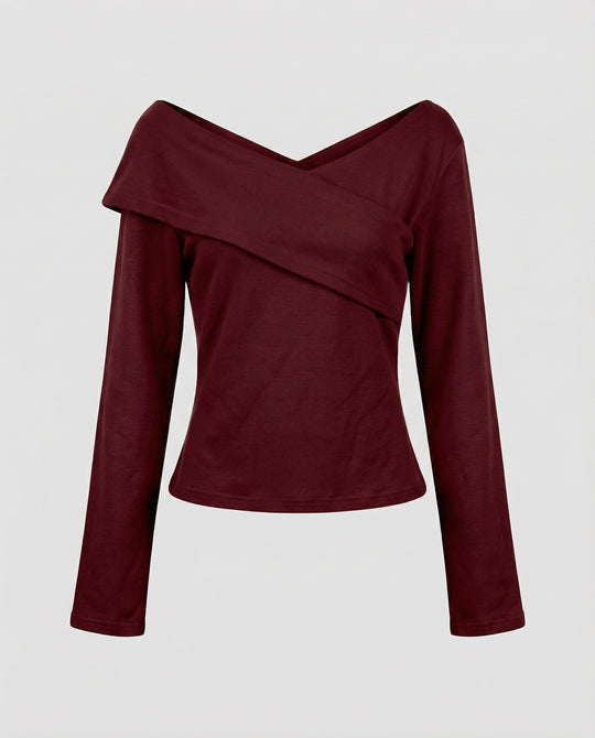 Französisches V-Ausschnitt Langarmshirt Damen Slim Fit Stretch Oberteil