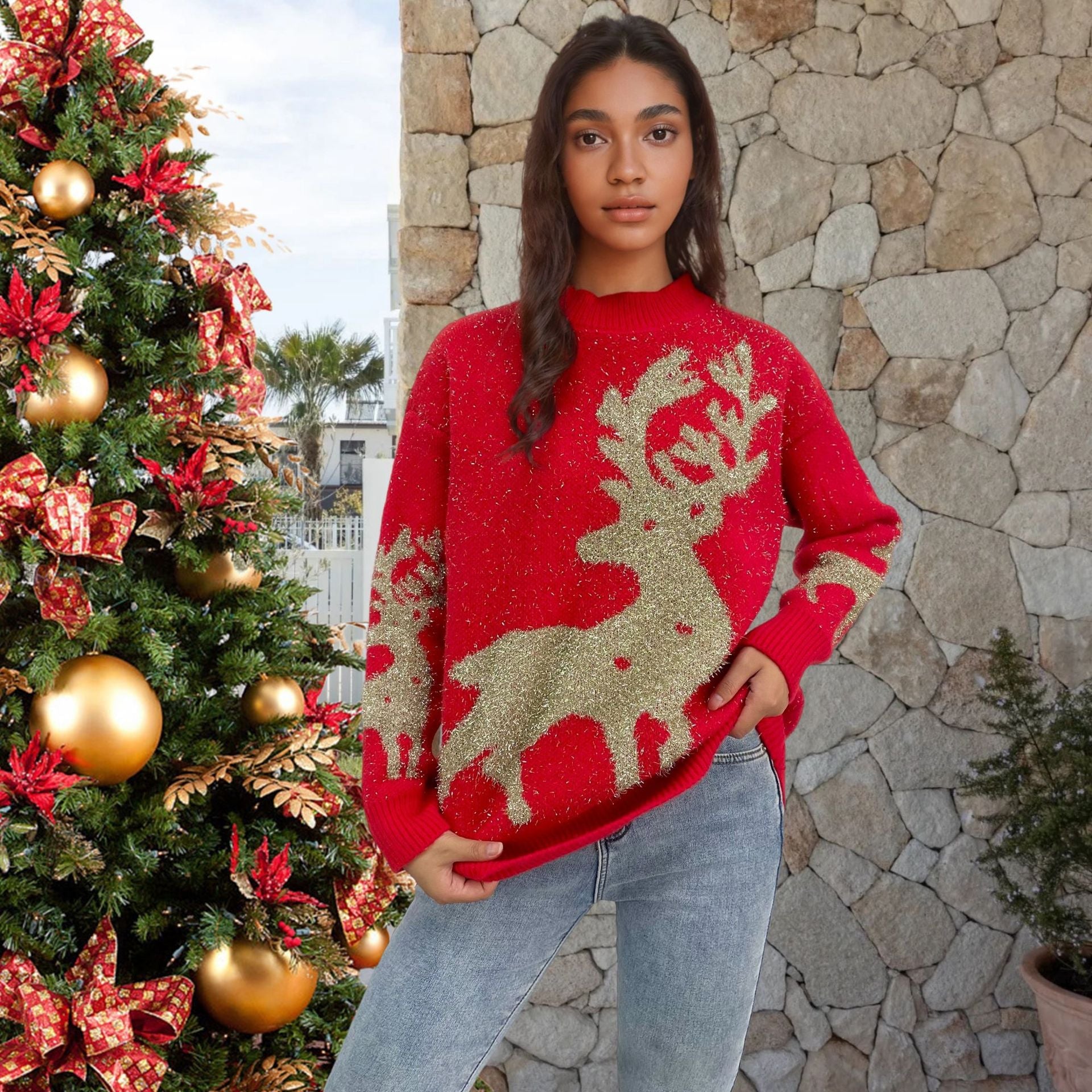 Damen Weihnachtspullover mit Glitzer-Design und rentiermotiv