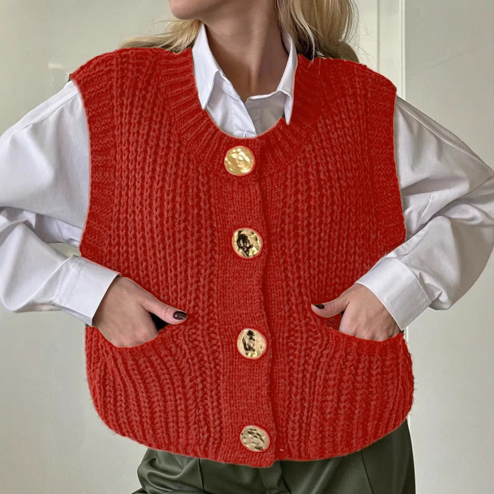 Damen gemütliche Strickweste mit großen Knöpfen und praktischen Taschen R&B