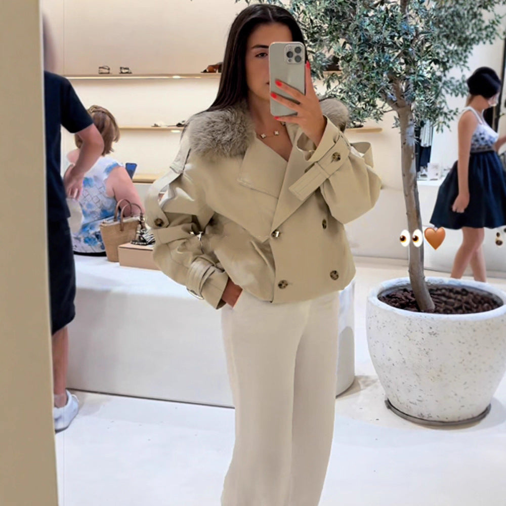 Damen elegante Übergangsjacke mit luxuriösen Fellkragen R&B