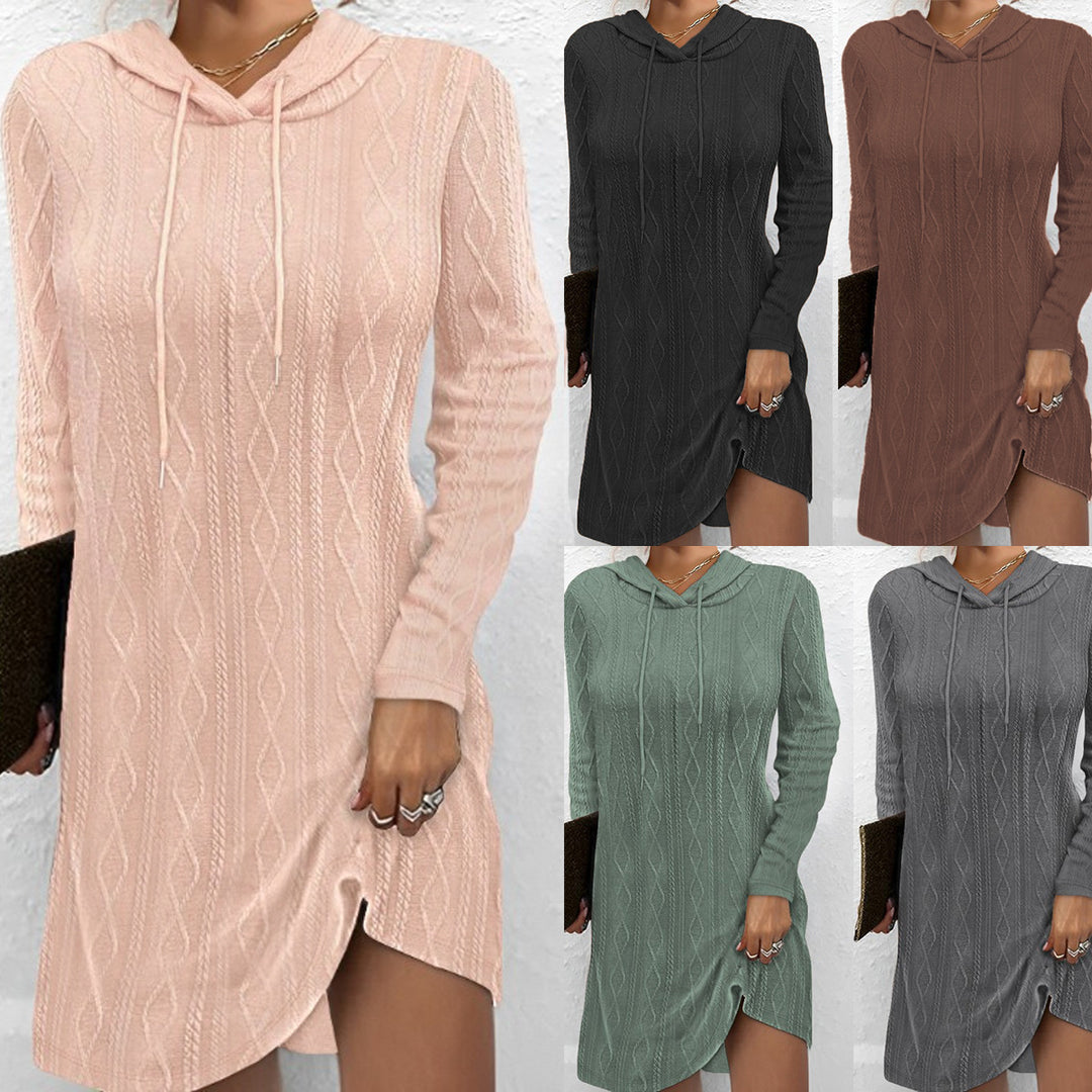 Damen lässiges Strickkleid mit Kapuze und seitlichem Schlitz R&B