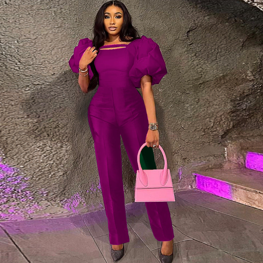Damen eleganter Overall mit Puffärmeln und quadratischem Ausschnitt R&B