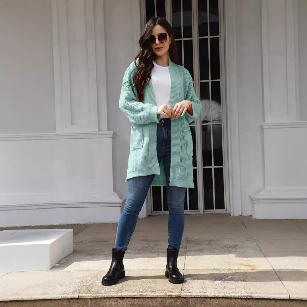 Damen lässiger Strickcardigan mit offenen Taschen und modernem Waffelmuster R&B