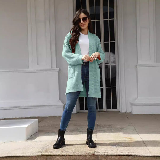 Damen lässiger Strickcardigan mit offenen Taschen und modernem Waffelmuster R&B