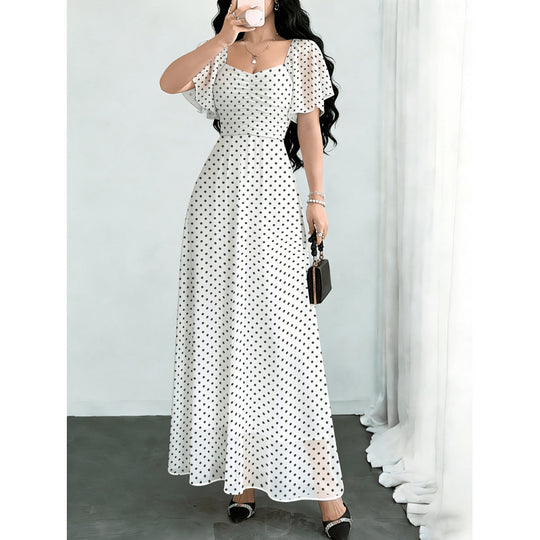 Damen Maxikleid mit voluminösen Rüschenschultern und vintage Punktedesign R&B