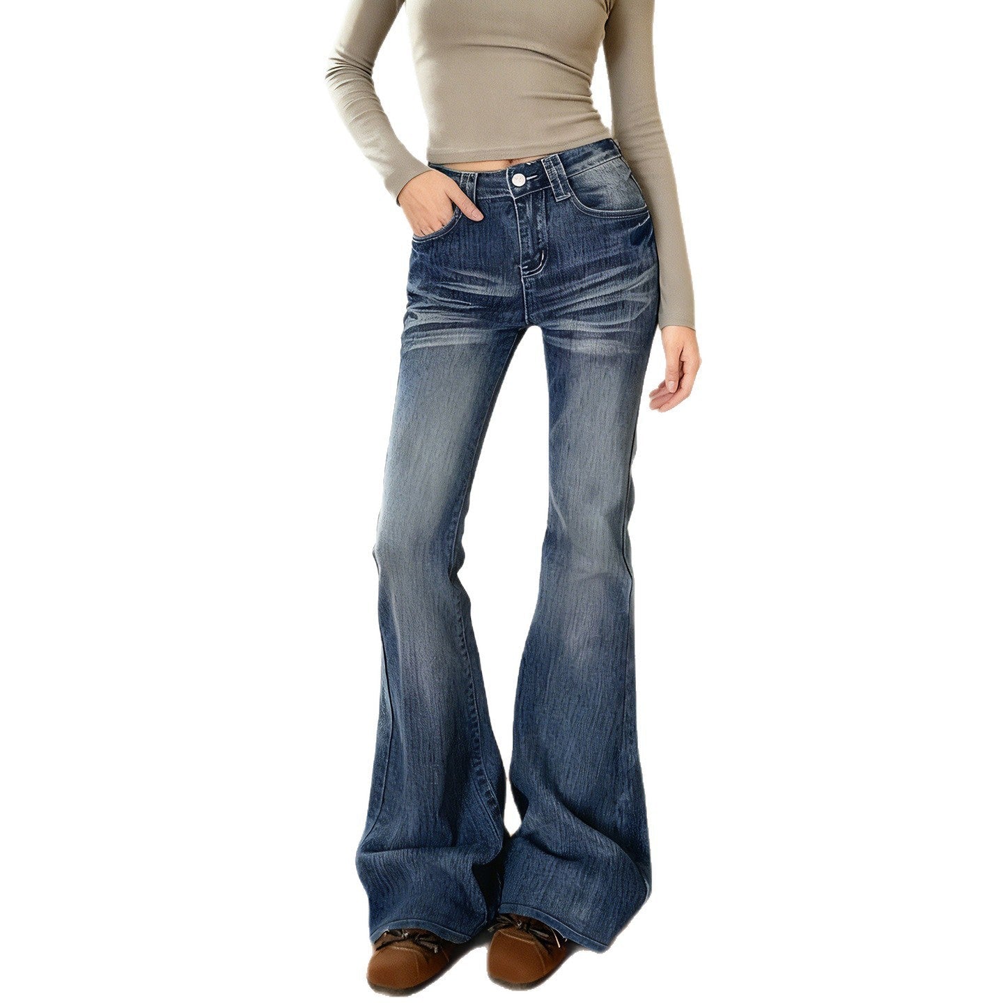 Damen Flared Jeans im lässigen Vintage-Stil mit hohem Bund und stylischen Waschungen R&B