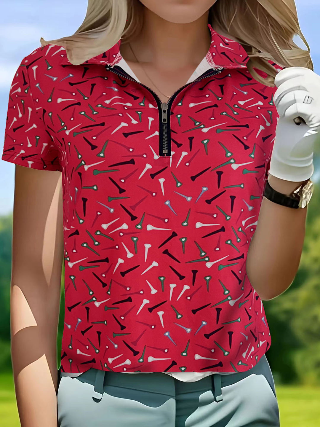 Damen Golfpolo mit modernem Reißverschluss und lebhaftem Design R&B