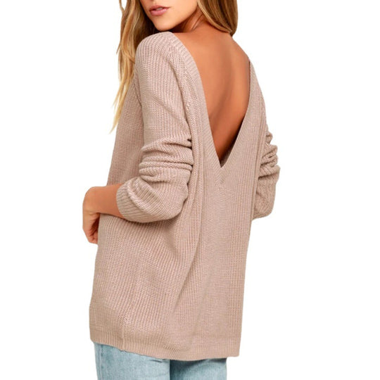 Damen Oversized Strickpullover mit tiefem Rückenausschnitt und lässigem Schnitt R&B