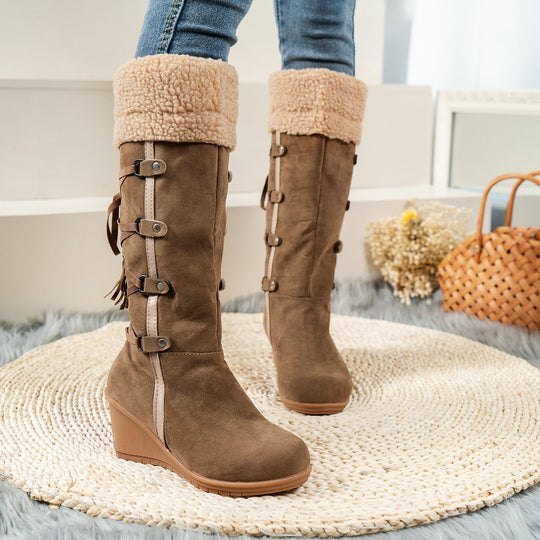 Damen Wedge-Stiefel aus hochwertigem Wildleder mit modischem Falten-Design R&B