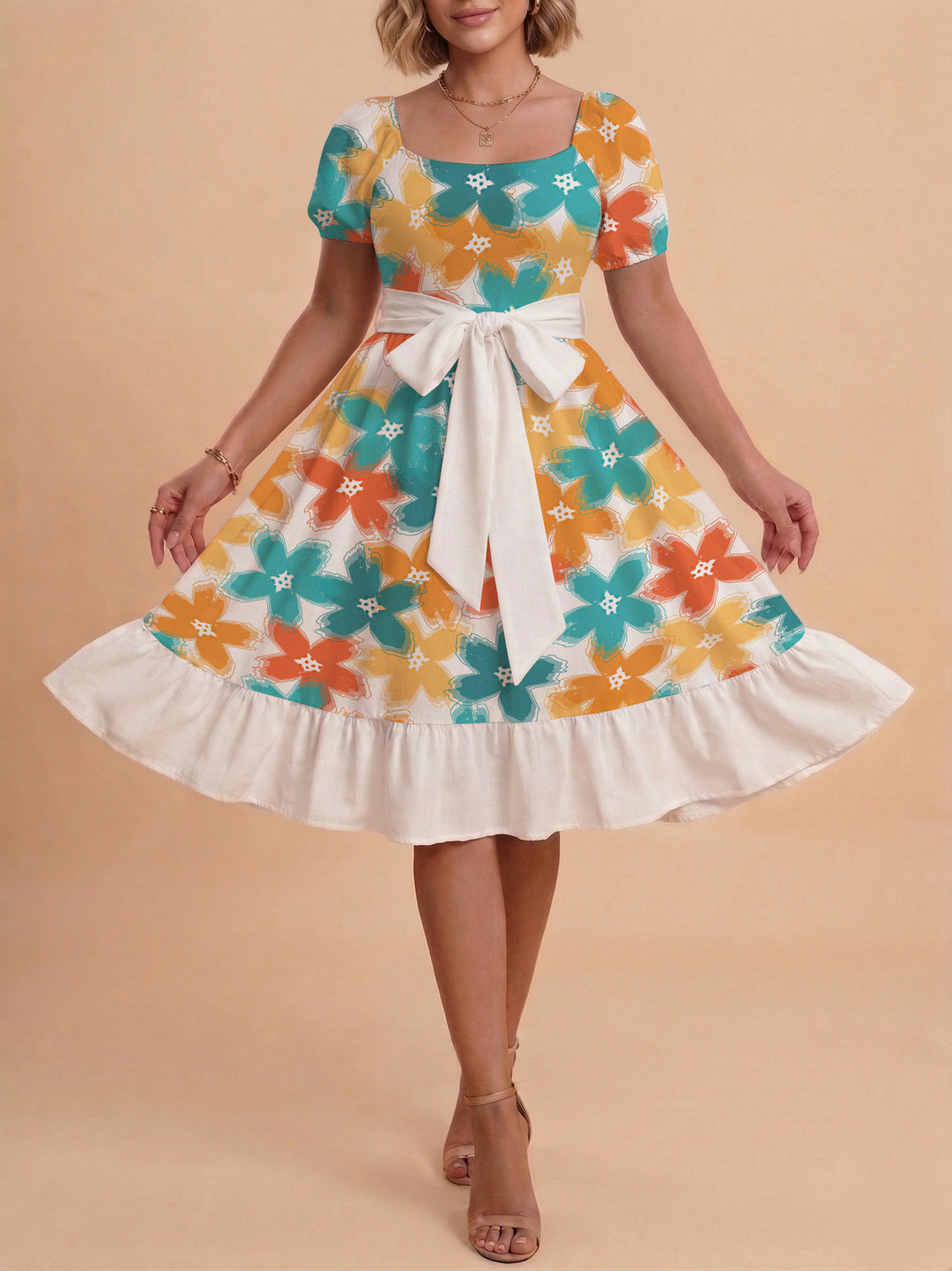 Damen Blumenkleid mit taillierbarem Gürtel und voluminösen Ärmeln R&B