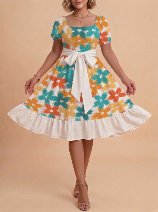 Damen Blumenkleid mit taillierbarem Gürtel und voluminösen Ärmeln R&B