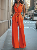 Damen Eleganter Jumpsuit mit schickem Kragen und Taillengürtel R&B