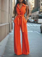 Damen Eleganter Jumpsuit mit schickem Kragen und Taillengürtel R&B