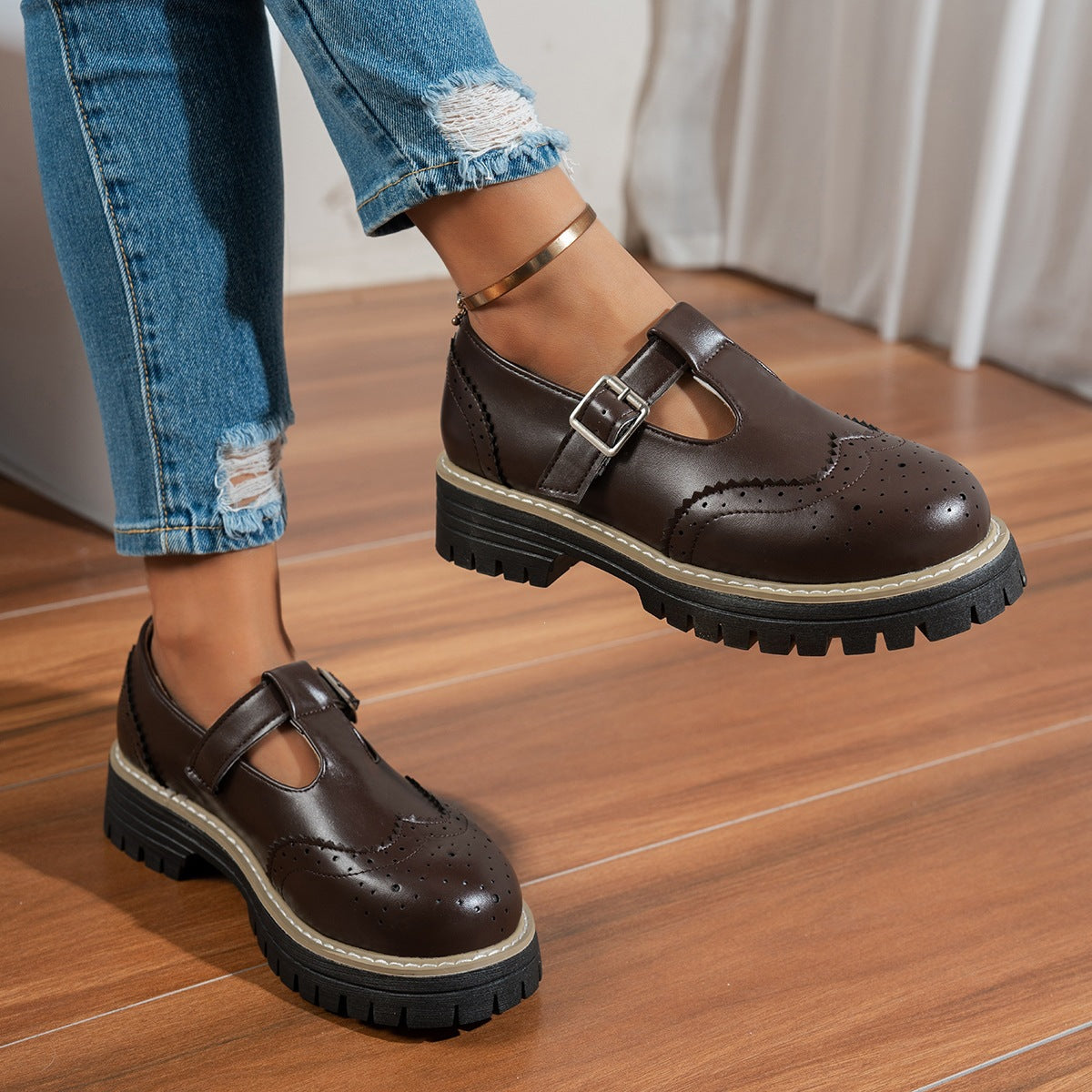 Damen Modische Schnürschuhe mit verstellbarem Riemen und robustem Profil R&B