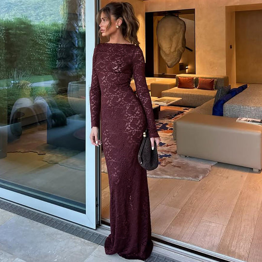 Damen Elegantes Spitzenmaxikleid mit langen Ärmeln R&B