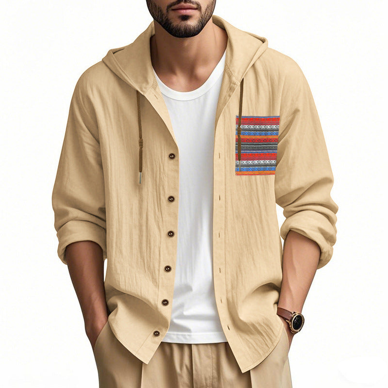 Herren nan leichte Kapuzenhemdjacke aus strukturierter Baumwollmischung mit Ethno‑Brusttasche und Knopfleiste R&B