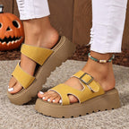 Damen Komfortable Plateau-Pantoletten mit verstellbarem Riemen und robustem Fußbett R&B