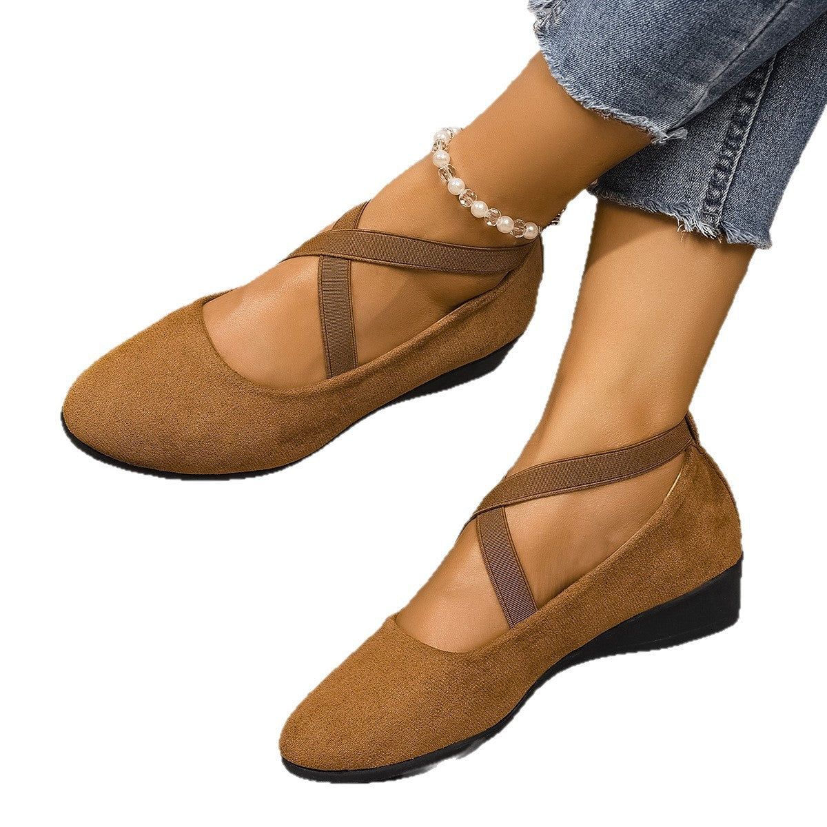 Damen Wedge-Ballerinas mit elastischem Kreuzband-Design und rutschfester Sohle R&B