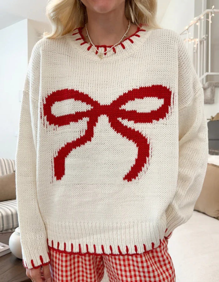 Damen lässiger Pullover mit kontrastierenden Schleifen-Detail und geripptem Saum R&B