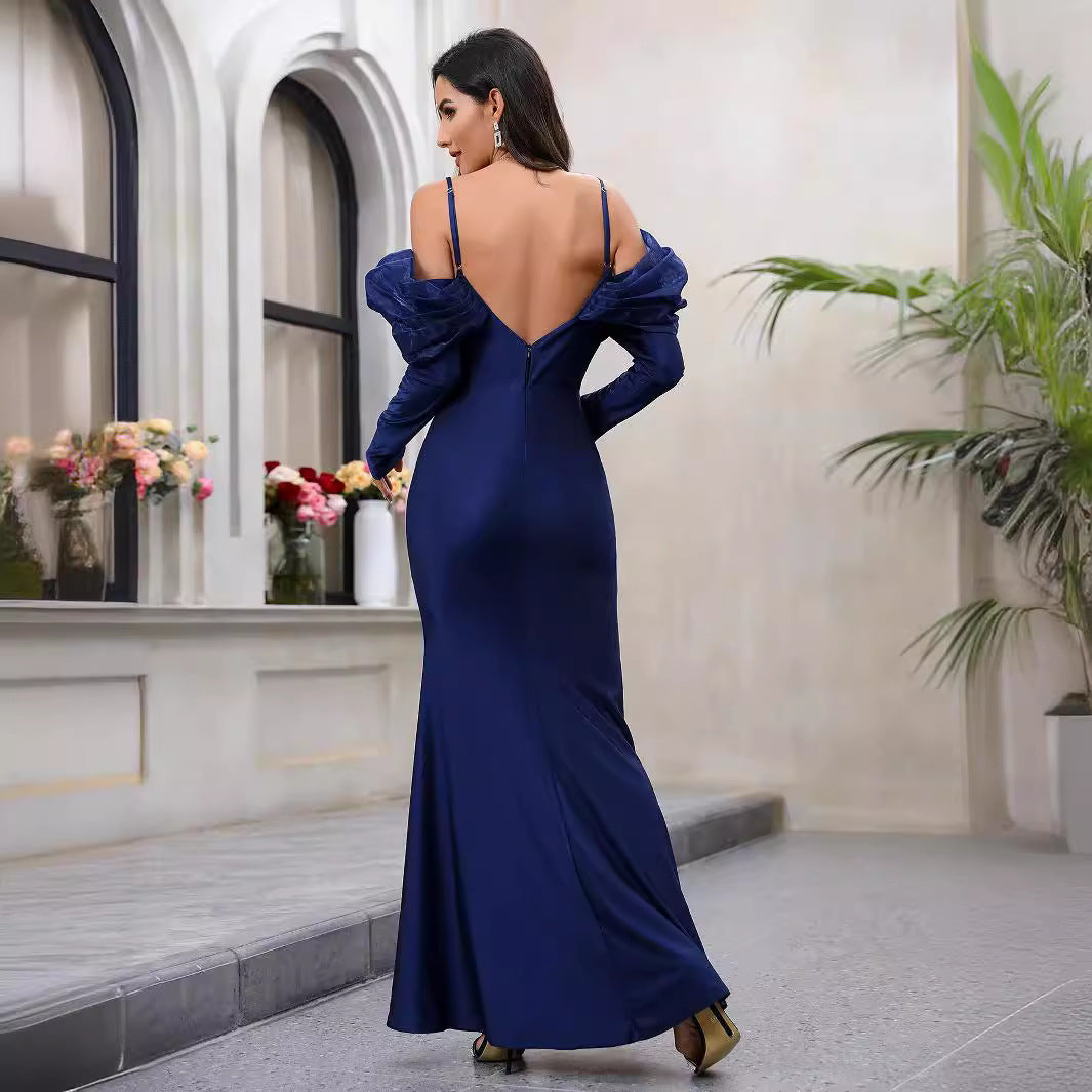 Damen Elegantes Maxikleid mit Steckkragen und schulterfreiem Design R&B