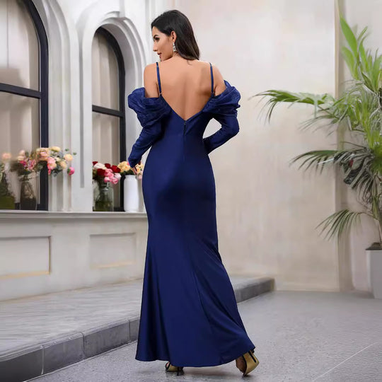 Damen Elegantes Maxikleid mit Steckkragen und schulterfreiem Design R&B