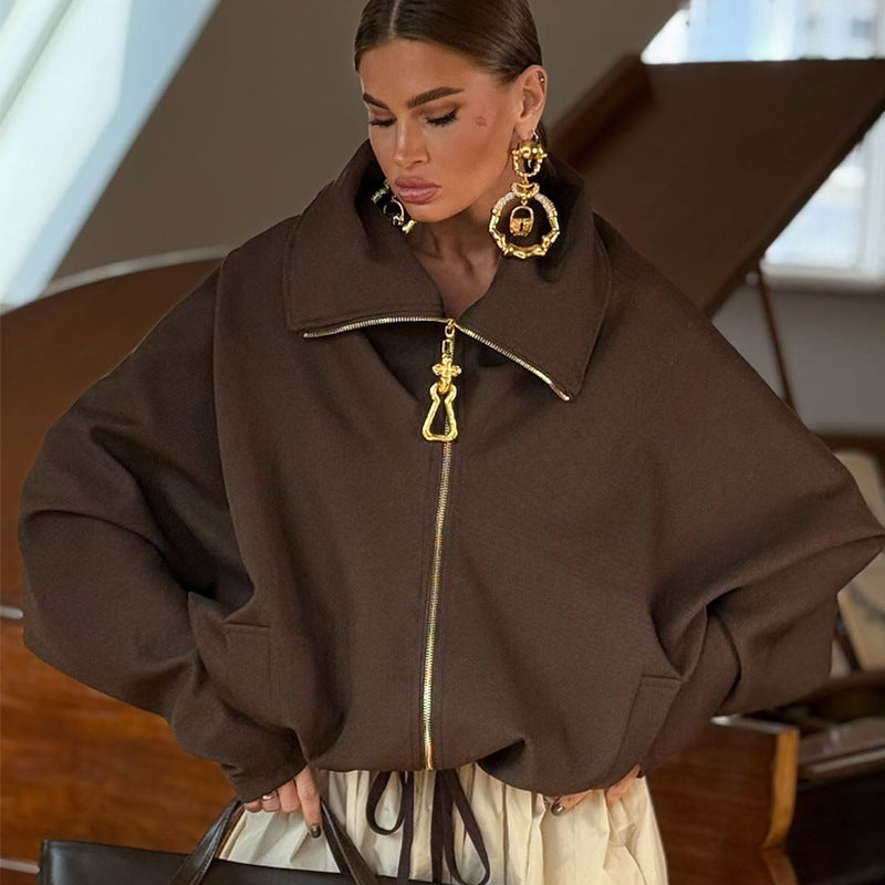 Damen Lässige Oversize-Jacke mit hohem Kragen und Reißverschluss R&B