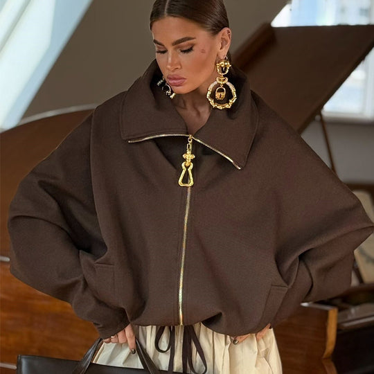 Damen Lässige Oversize-Jacke mit hohem Kragen und Reißverschluss R&B