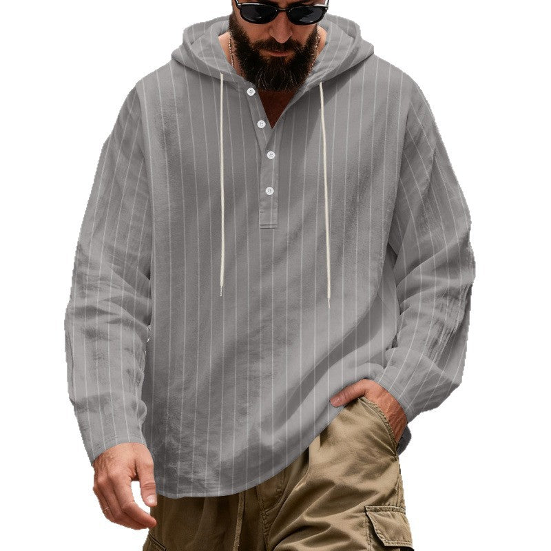 Herren nan gestreiftes Henley-Kapuzenhemd mit Langarm, lockerem Schnitt und Kordelzug R&B