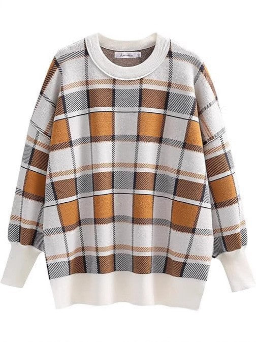 Damen oversized Pullover mit Karomuster und lässigem Schnitt R&B