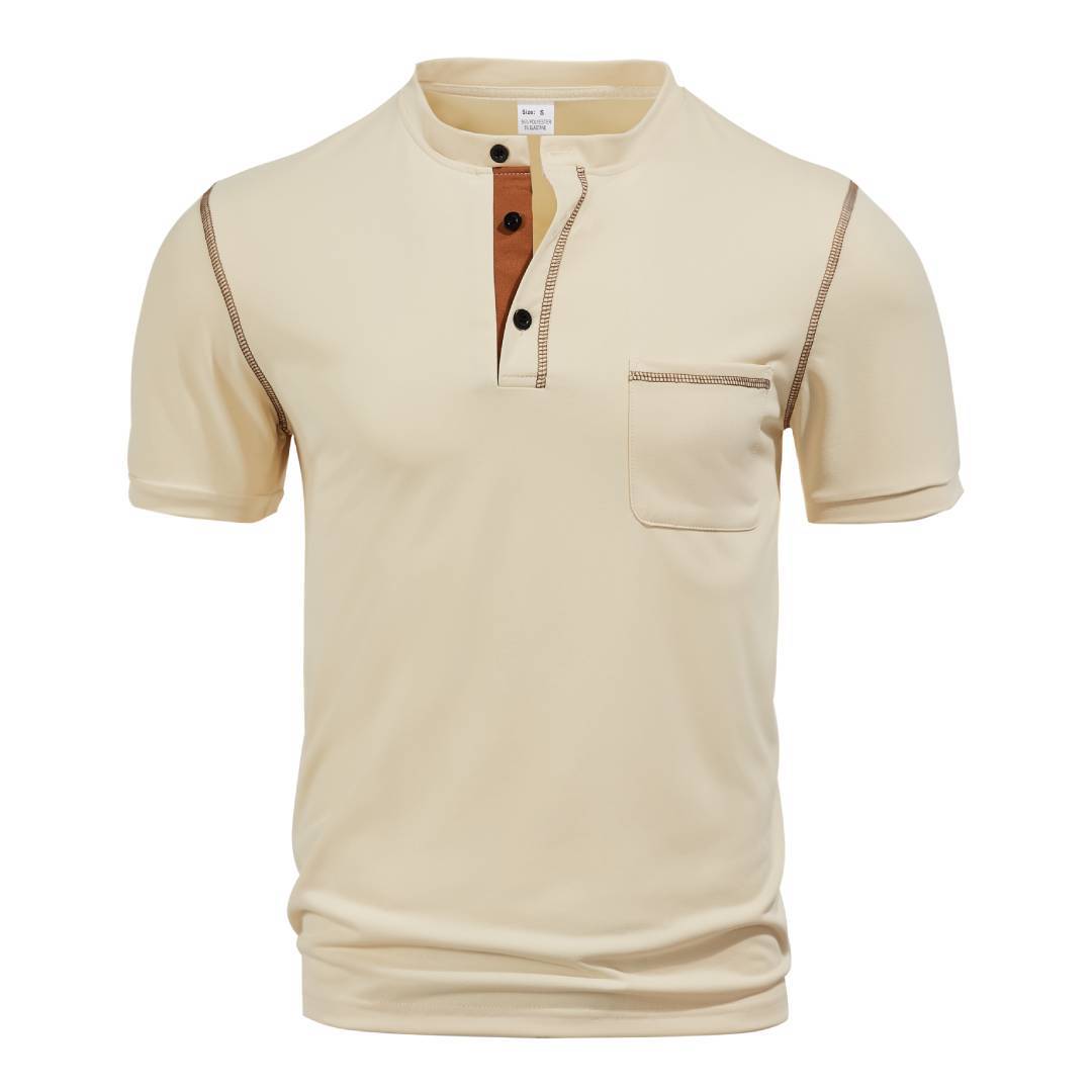 Herren nan kurzärmeliges Henley-Shirt mit Stehkragen, Brusttasche und kontrastierenden Ziernähten R&B
