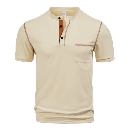 Herren nan kurzärmeliges Henley-Shirt mit Stehkragen, Brusttasche und kontrastierenden Ziernähten R&B