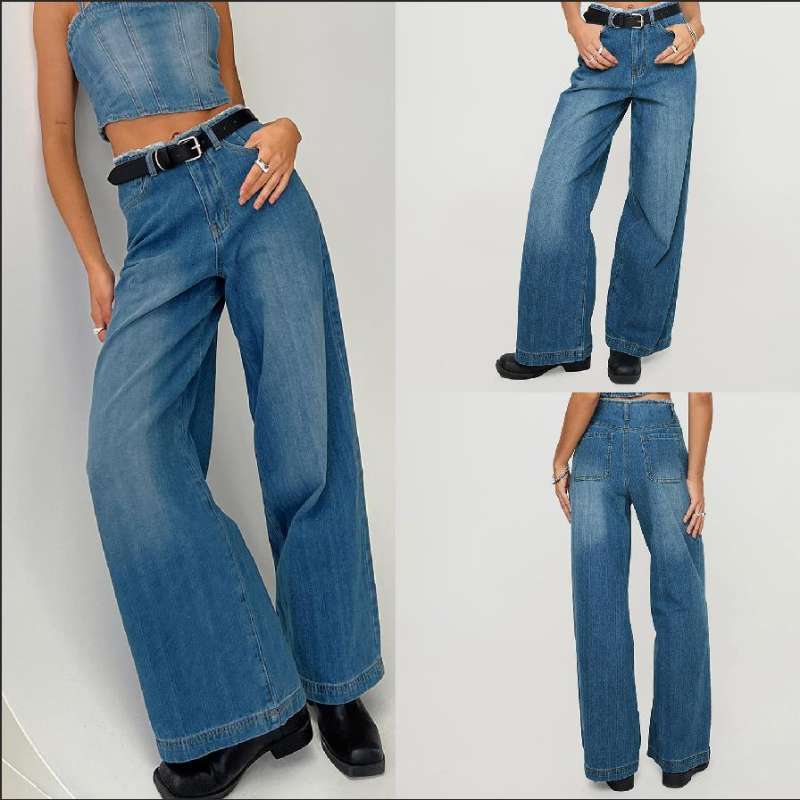 Damen weite Denim-Jeans mit hohem Bund und fransigem Saum R&B