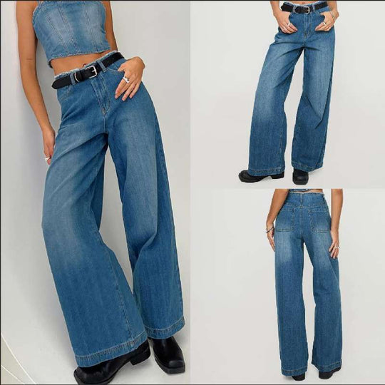 Damen weite Denim-Jeans mit hohem Bund und fransigem Saum R&B