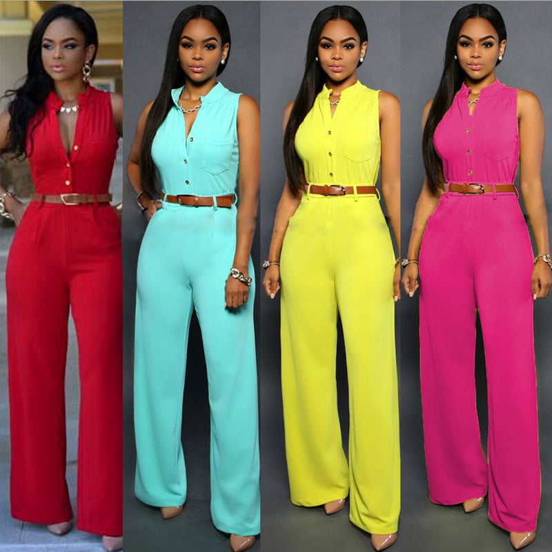 Damen Eleganter Jumpsuit mit Gürtel und Knopfdetail R&B
